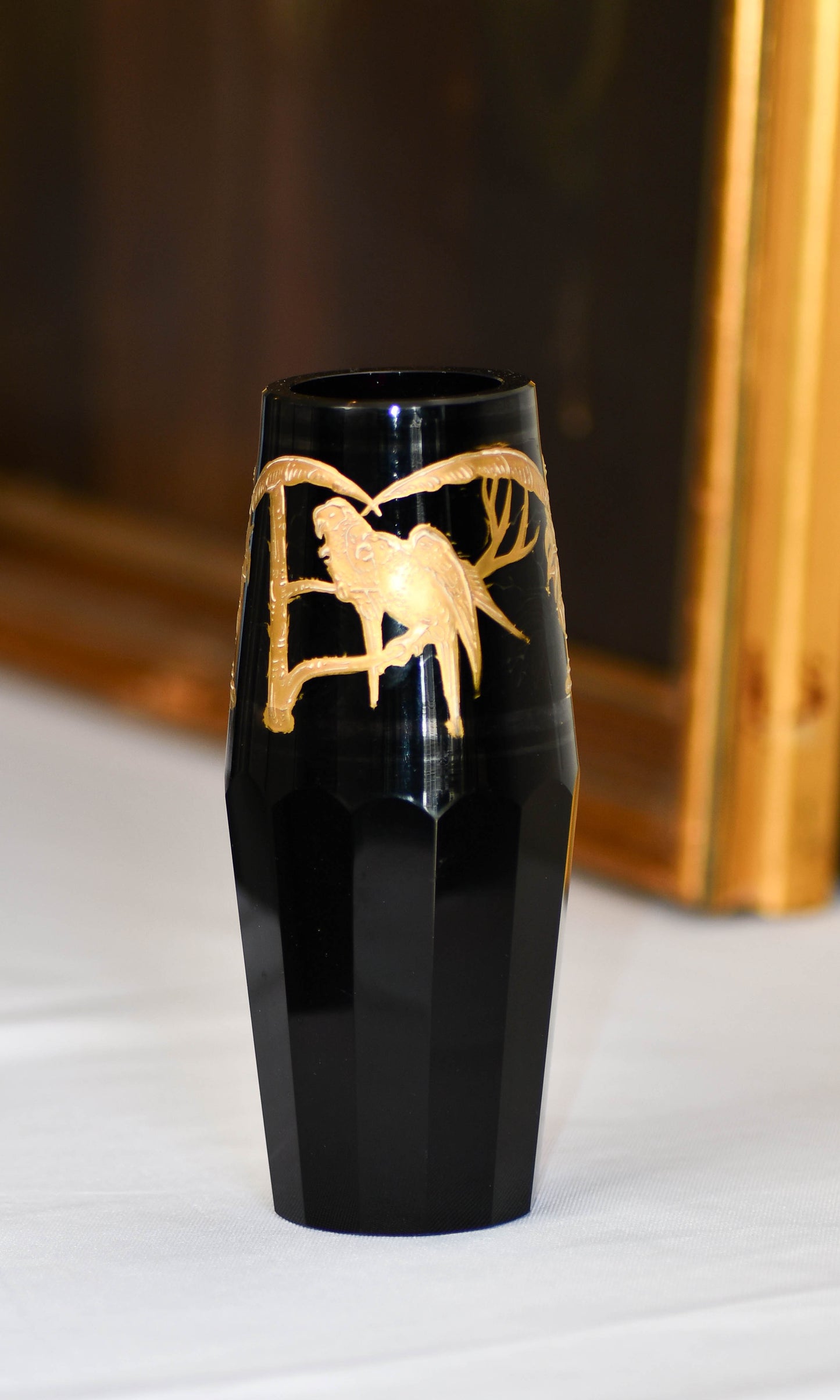 Moser Style Black and Gold Glass Vase, 6"