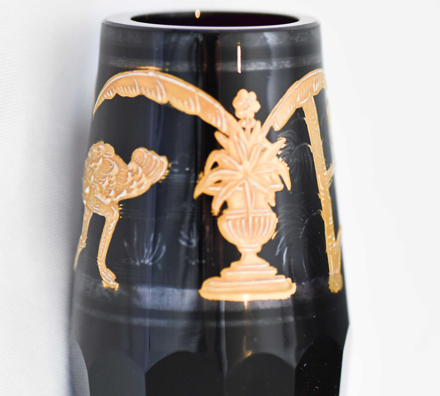 Moser Style Black and Gold Glass Vase, 6"