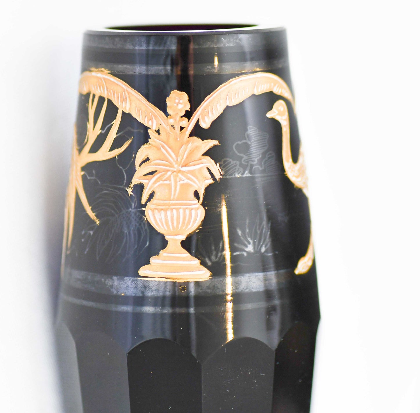 Moser Style Black and Gold Glass Vase, 6"