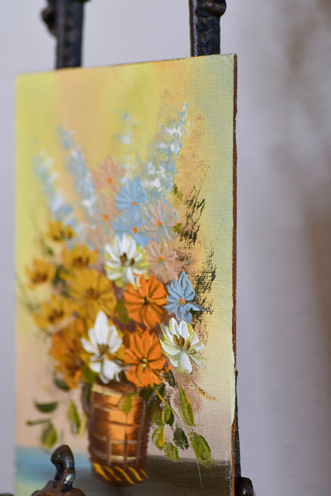 Vintage Oil Painting of Flowers in a Basket, 7"
