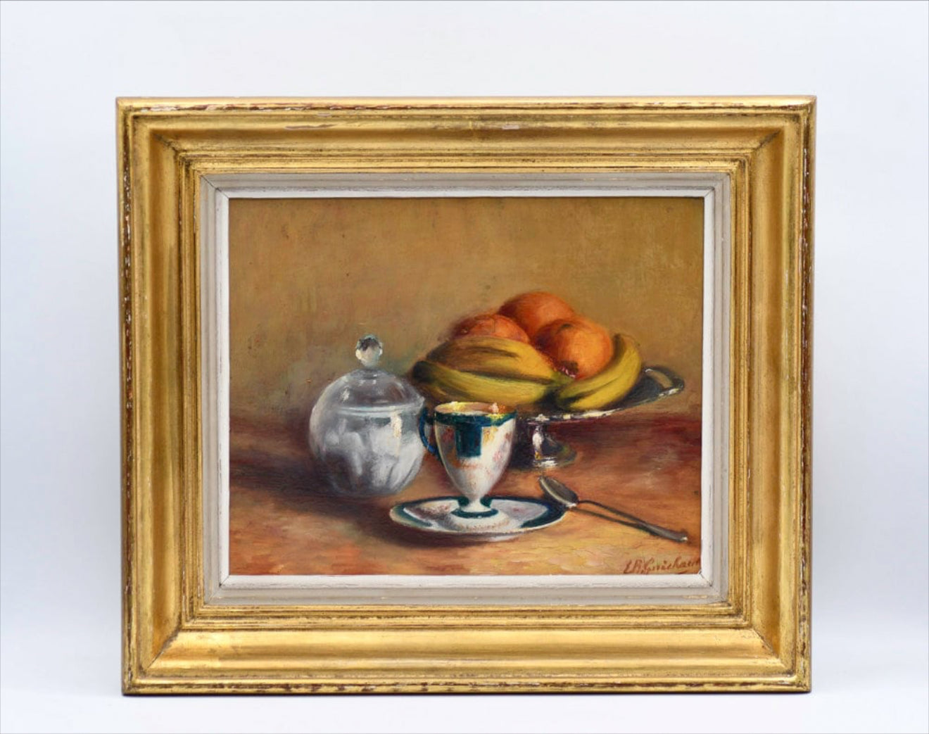 Framed still life painting with fruit and teapot on a table.
