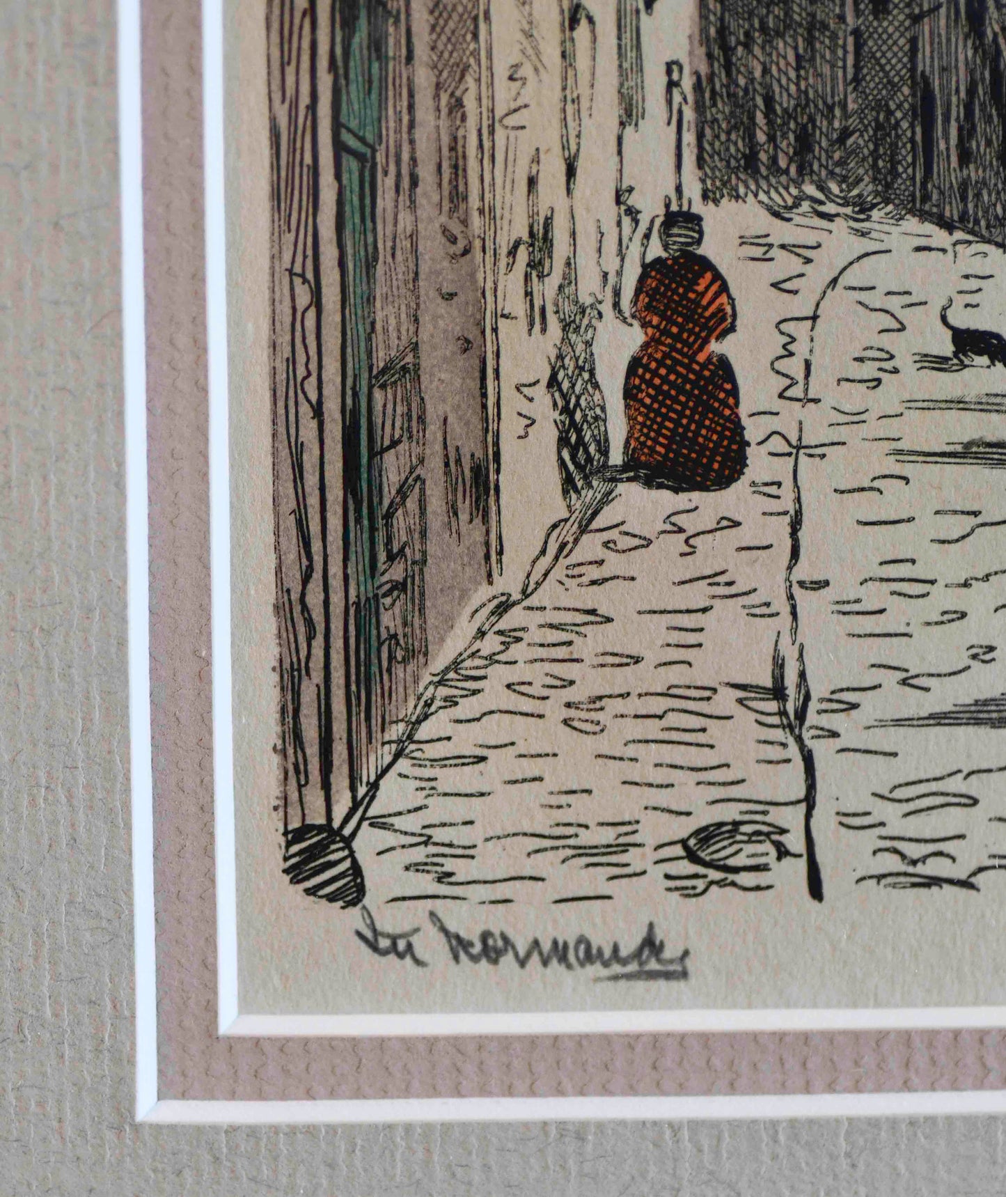 Watercolor on Engraving, Street in Normandy