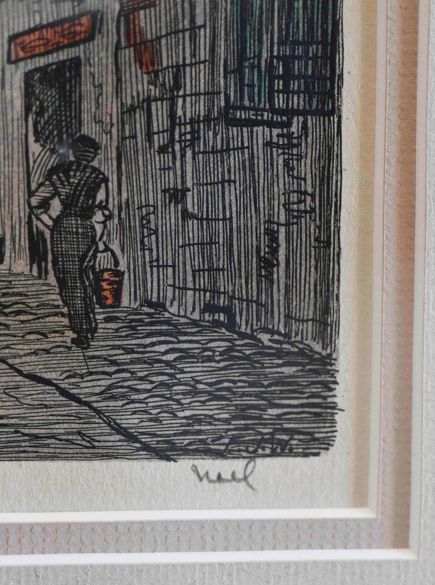 Watercolor on Engraving, Street in Normandy