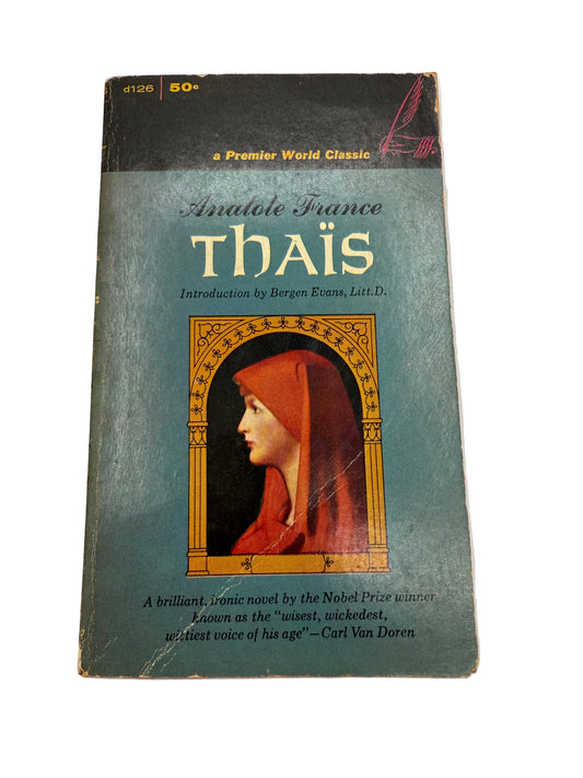Vintage book titled 'Thäis' with a portrait illustration on the cover, placed on a white background.