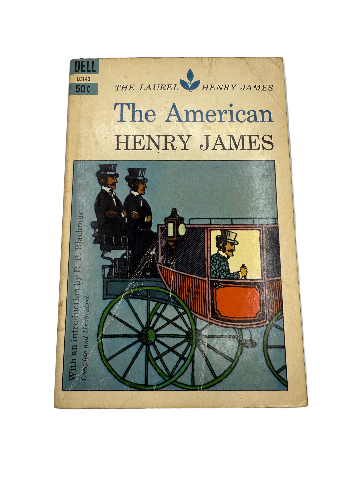 Book cover of 'The American' by Henry James with a vintage illustration of a stagecoach on a plain background. Dell Edition
