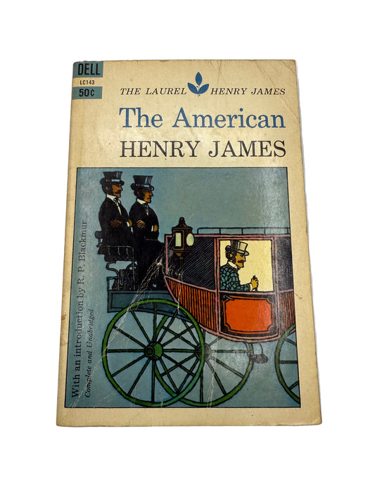 Book cover of 'The American' by Henry James with a vintage illustration of a stagecoach on a plain background. Dell Edition