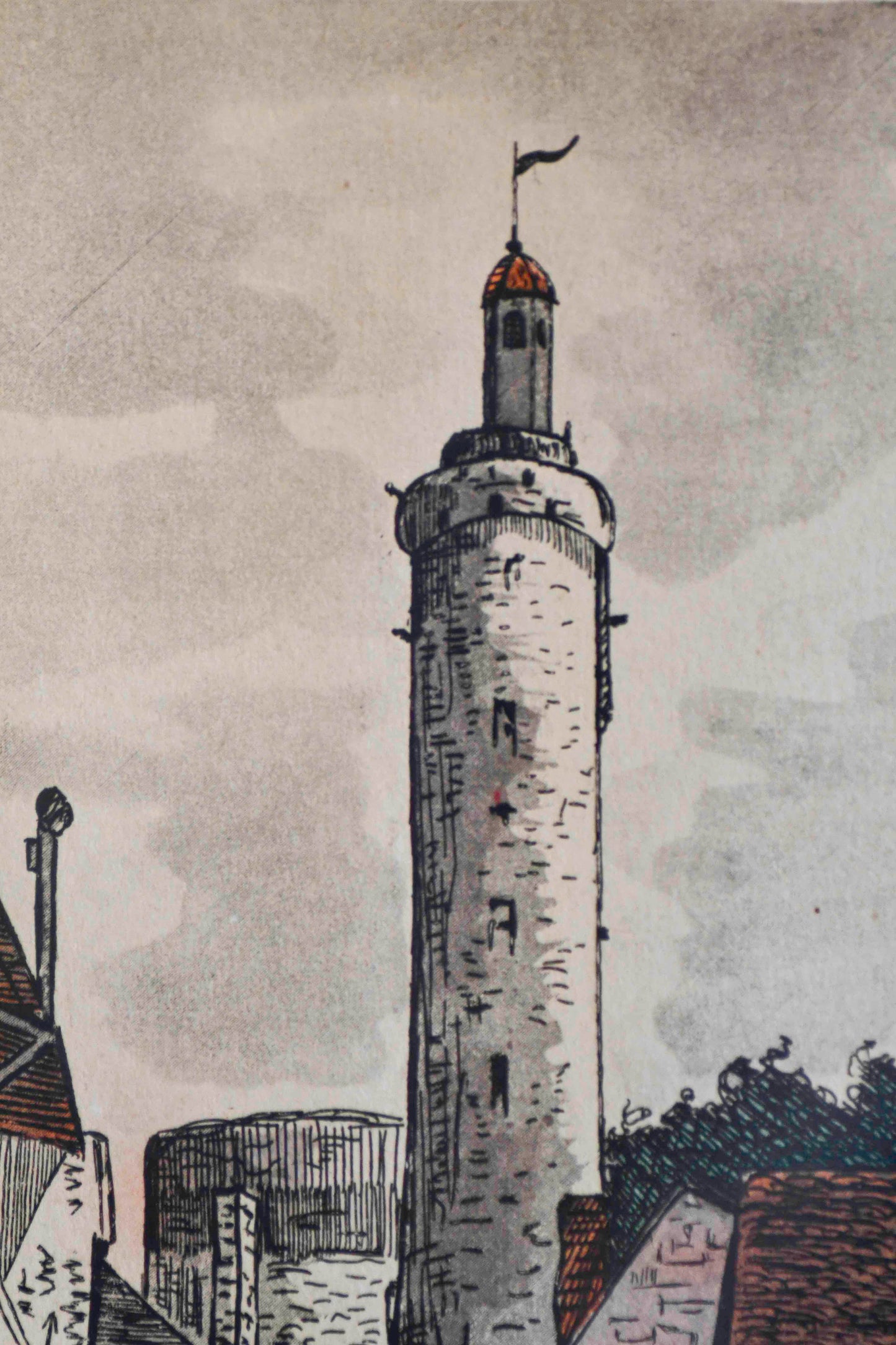 Watercolor on Engraving, Street in Normandy