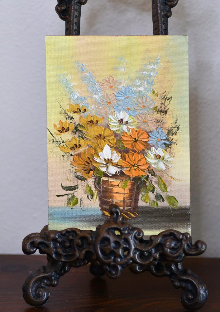 Vintage Oil Painting of Flowers in a Basket, 7"