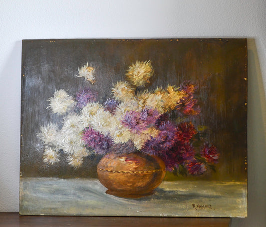 Purple Floral Still Life Vintage Painting, 24”