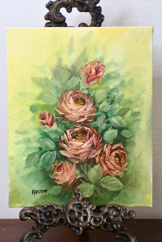 Pink Rose Bush Vintage Painting, 10"