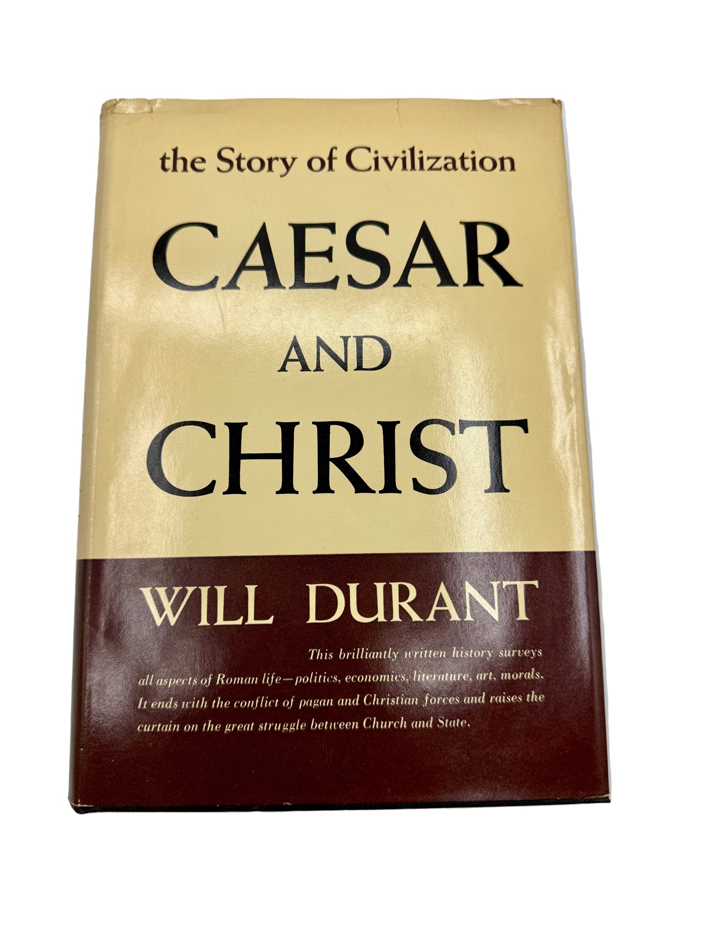 Book titled 'Caesar and Christ' by Will Durant on a white background. Eighth Printing