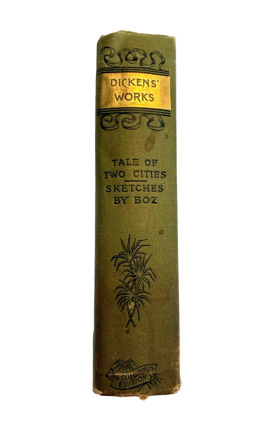 Vintage book titled 'Tale of Two Cities Sketches by Boz' by Charles Dickens on a textured white background