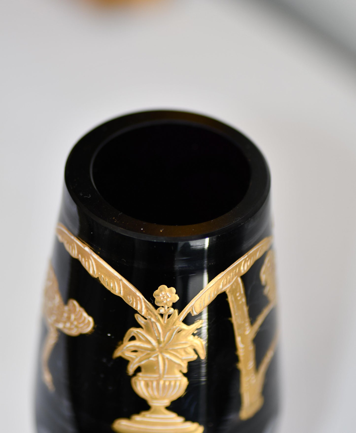 Moser Style Black and Gold Glass Vase, 6"