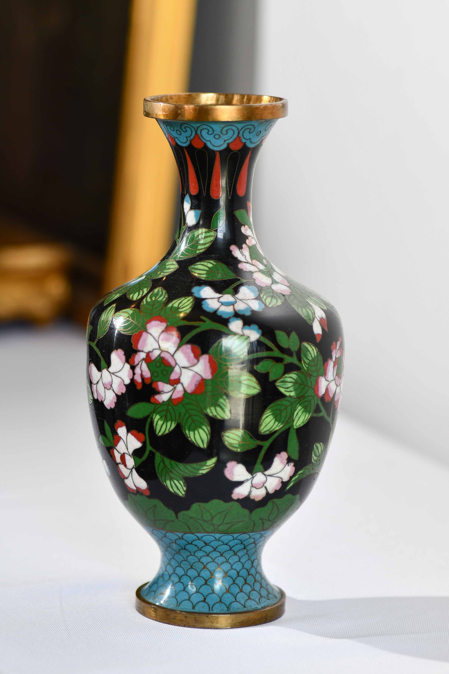 Cloisonne Black Vase with Peacock, 9"