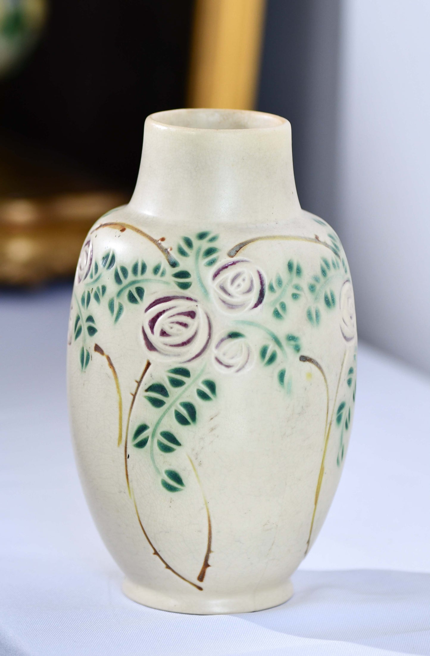 Roseville Beige Rose Vase, Vintage Velmoss Floral Vase, 8"