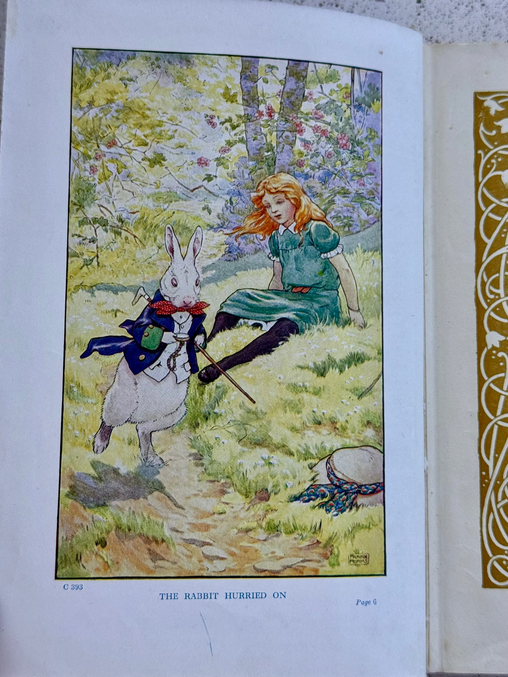 Illustration of the white rabbit and Alice from Alice's Adventure's in Wonderland, published by Blackie and Sons